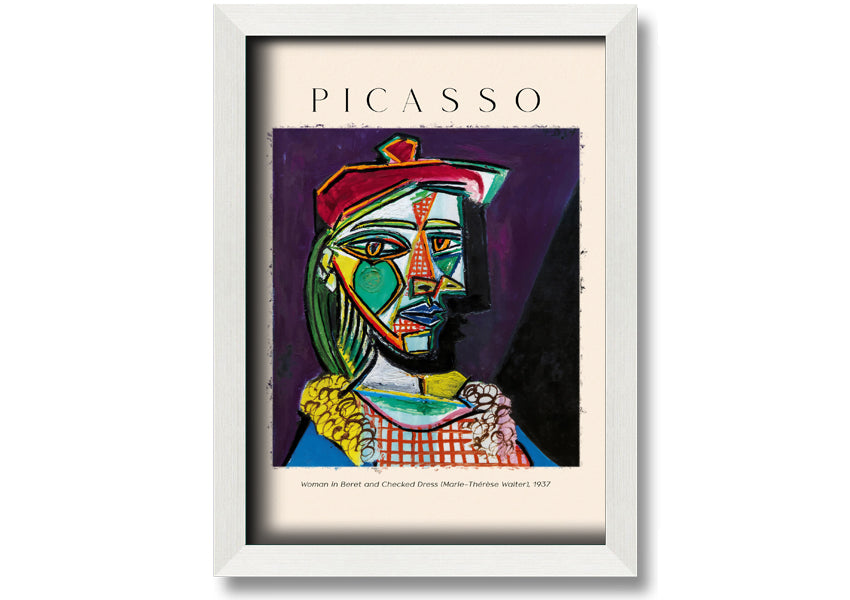 A vibrant reproduction of Picasso's 'Woman In Beret And Checked Dress 1937' printed on canvas, framed and ready to hang.